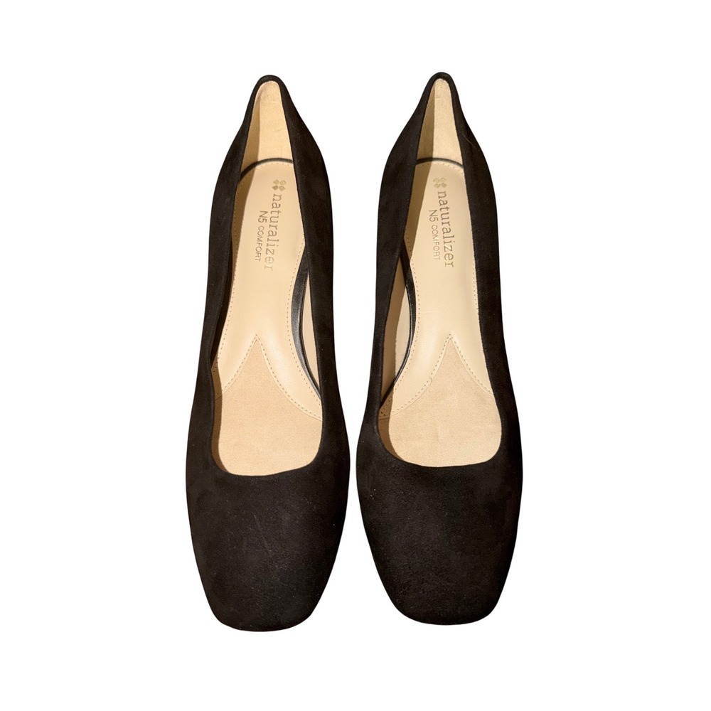 Naturalizer N5 Comfort Black Suede Square Toe Block Heel Pumps Gold Detail‎ 6.5M